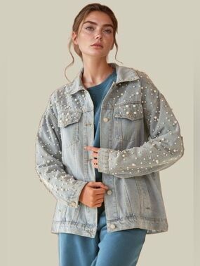 Davi & Dani Pearl-Embellished Light Blue Denim Jacket - Women